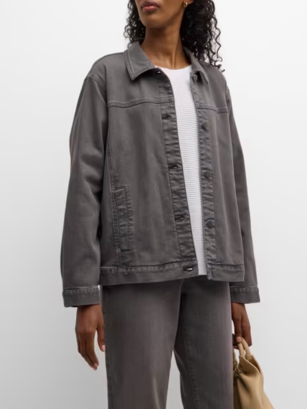 Eileen Fisher Missy Organic Cotton Stretch Classic Collar Jacket Grey Size M - Picture 3 of 12